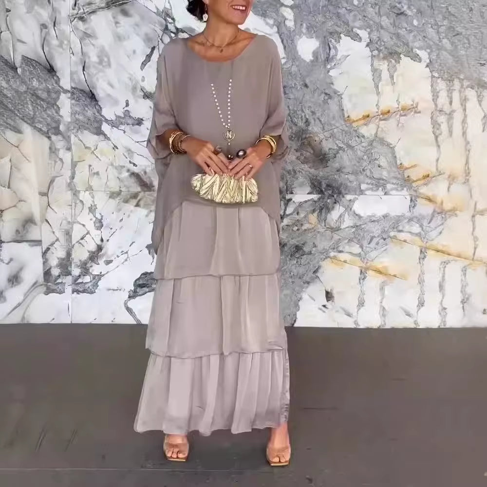 GraceFlow™ Elegant Layered Maxi Dress – Round Neck, Bat Sleeve, Plus Size Chic for Spring & Summer