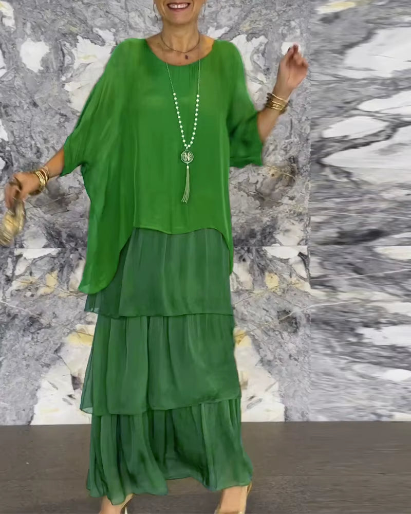 GraceFlow™ Elegant Layered Maxi Dress – Round Neck, Bat Sleeve, Plus Size Chic for Spring & Summer