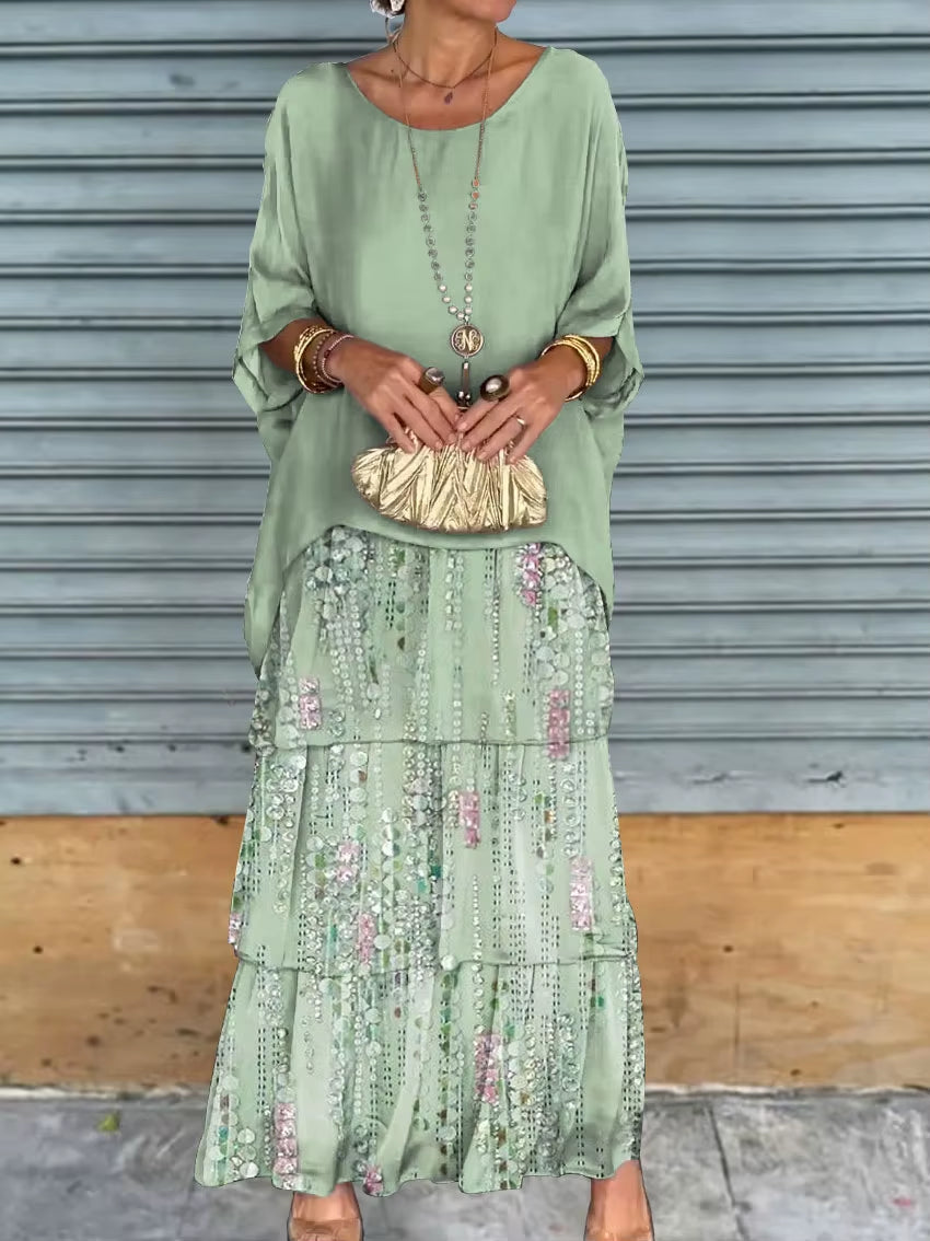 GraceFlow™ Elegant Layered Maxi Dress – Round Neck, Bat Sleeve, Plus Size Chic for Spring & Summer