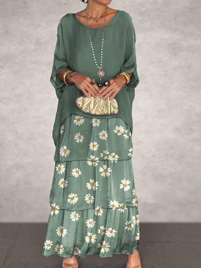 GraceFlow™ Elegant Layered Maxi Dress – Round Neck, Bat Sleeve, Plus Size Chic for Spring & Summer