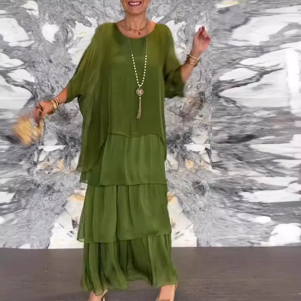 GraceFlow™ Elegant Layered Maxi Dress – Round Neck, Bat Sleeve, Plus Size Chic for Spring & Summer