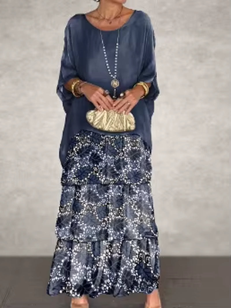 GraceFlow™ Elegant Layered Maxi Dress – Round Neck, Bat Sleeve, Plus Size Chic for Spring & Summer